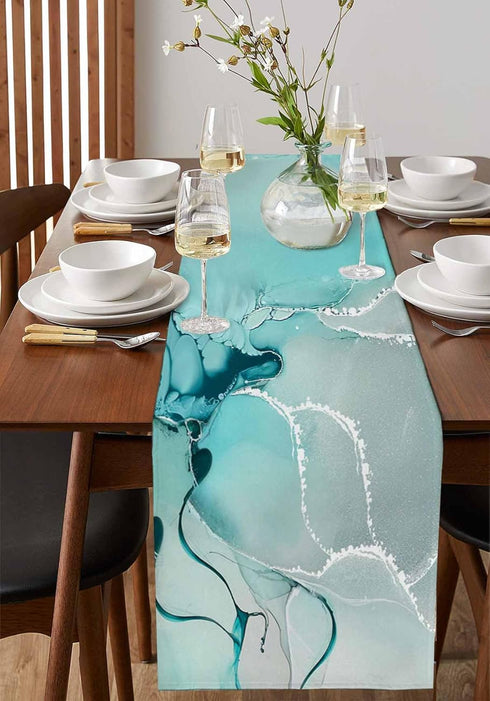 Falaniique 36 Inches Marble Turquoise Aqua Table Runner Long,Cotton Linen Modern Teal Kitchen Dinner Dining Table