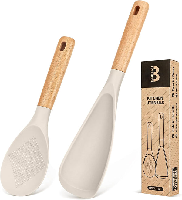 Cooking Spoon and Rice Scooper: Durable BPA-Free Matte Silicone, Wood Handle for Nonstick Cookware (Khaki)