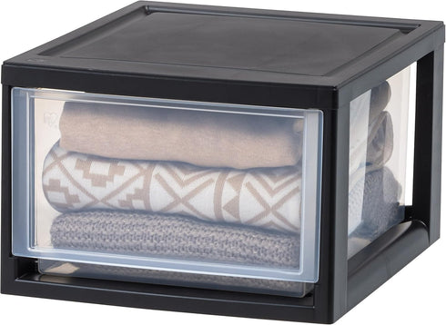 IRIS USA 14.5 Qt. Plastic Drawer Storage Organizer, 3-Pack Stacking Drawers with Sliding Drawer for Home Office, Black