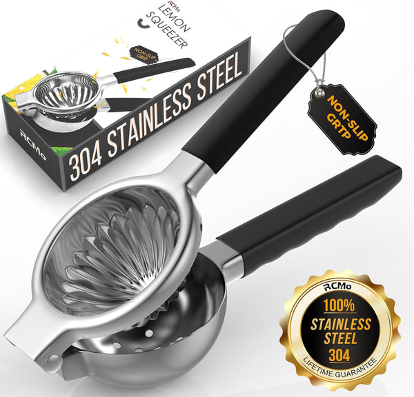 Stainless Steel Lemon Squeezer - Metal Citrus Juicer with Silicone Handles, Large Manual Citrus Press Juicer