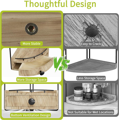 Aollewoiti 2-Tier Counter Countertop Counter Corner Bathroom Organizer with Drawer & Embedded Screw Holes - Wooden