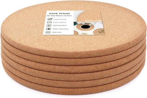 Cork Trivet - 6 Pcs High Density Thick Cork for Hot Dishes, 10 Inch Heat Resistant Multifunctional Coaster