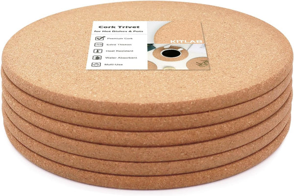 Cork Trivet - 6 Pcs High Density Thick Cork for Hot Dishes, 10 Inch Heat Resistant Multifunctional Coaster