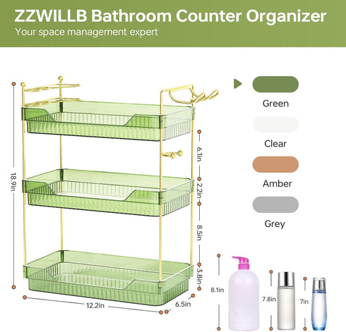 Counter Countertop 3-Tier) Bathroom Organizer with Hair Dryer Holder and Toothbrush Holder, Acrylic Vanity Tray