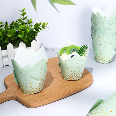 Whaline 200Pcs Sage Green Gold Dots Tulip Cupcake Liners, Greaseproof Muffin Baking Liners for Party Decor