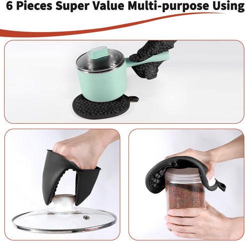 Oven Mitts and Pot Holders Set, 6 Pcs, High Heat Resistant, Large Size, Non-Slip Silicone Surface (Black)