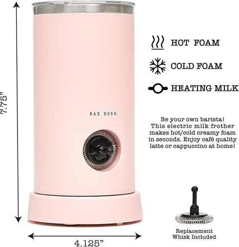 Rae Dunn Electric Milk Frother Steamer, Automatic Milk Steamer and Frother for Coffee, 550 Watt - Blush