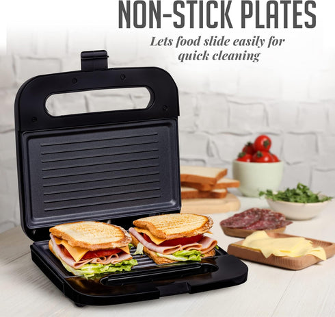 OVENTE Electric Panini Press Grill with Nonstick Plates, LED Indicator Lights, Compact Sandwich Maker, Black