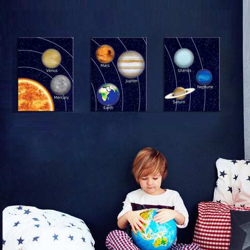 Set 3 (12X16inch) KAIRNE Boys Space Room Decor Framed Outer Space Wall Art of Kids Picture Planets Pictures Solar