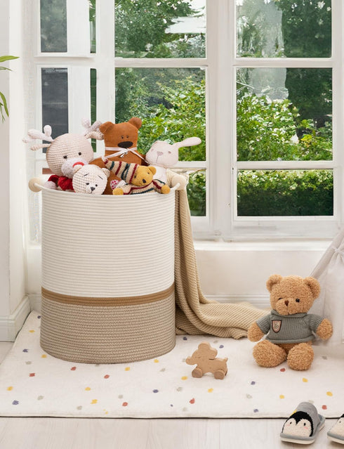 StorageWorks 72L Cotton Rope Laundry Basket with Wooden Beads Handles, Woven Storage for Clothes, White & Khaki