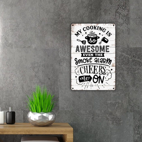 QIONGQI Funny Kitchen Quote Metal Tin Sign, My Cooking is Awesome Retro Wall Decor for Home Kitchen