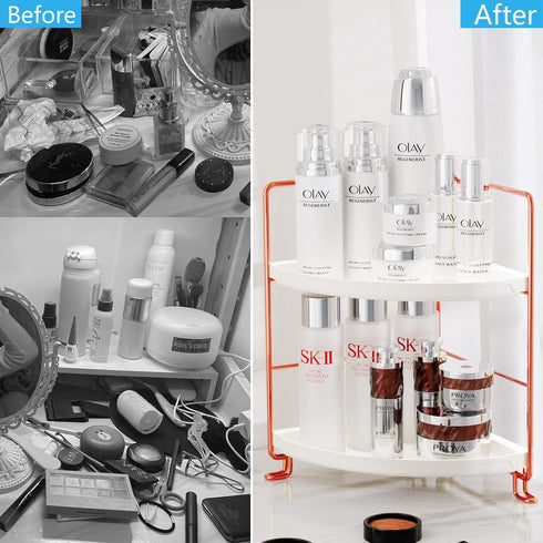 FSyueyun 2-Tier Corner Bathroom Counter Organizer, Tool-Less Installation Vanity Shelf, Small Plastics Makeup Tray