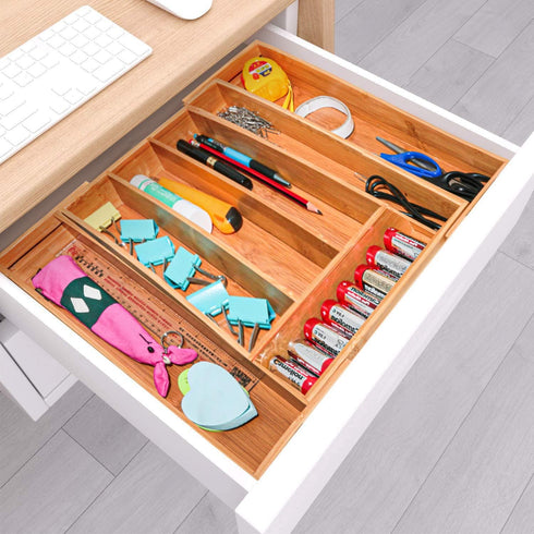 Bamboo Drawer Organizer, Expandable Cutlery Tray, Adjustable Utensils Holder for Storing Silverware in Kitchen, Bedroom