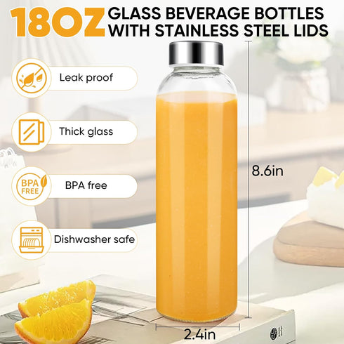 18 oz (6-Pack, PROBTTL Glass Juice Bottles with Lids Refillable Clear Glass Water Bottles with Stainless Steel Airtight