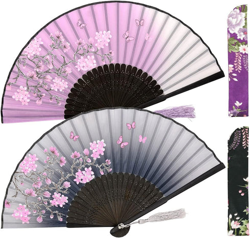 Small Folding Hand Fans for Women - 2pcs Vintage Bamboo Silk Fans for Dance, Music Festival, Wedding, Party (Grey &