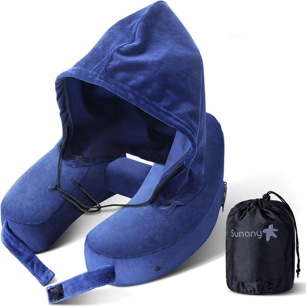 Sunany Neck Pillow for Travel - Inflatable Airplane Pillow with Soft Velour Cover and Portable Drawstring Bag (Blue)