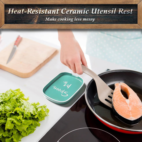 Turquoise Spoon Rest for Stove Top, DAYYET Teal Ceramic Large Holder, Heat-Resistant Cooking Utensil Rest for Kitchen