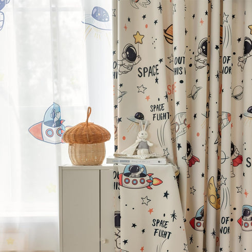 Cartoon Astronaut Semi Blackout Curtains for Kids Room Nursery Space Planets Patterns