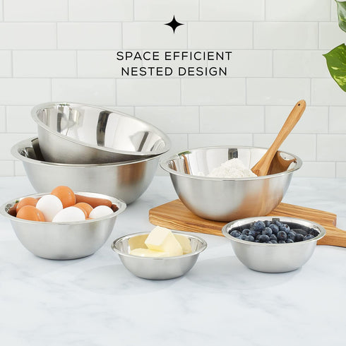 JoyJolt Stainless Steel Mixing Bowl Set - 6 Bowls from 5qt Large to 0.5qt Small for Kitchen, Cooking, Storage