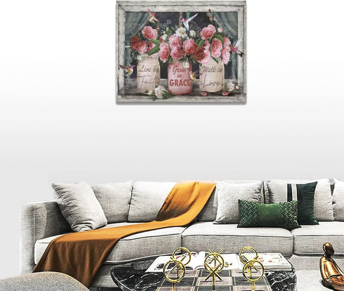 Farmhouse Canvas Wall Art Rustic Pink Rose Wall Decor, Flower Mason Jar Hummingbird Painting Prints for Country Home