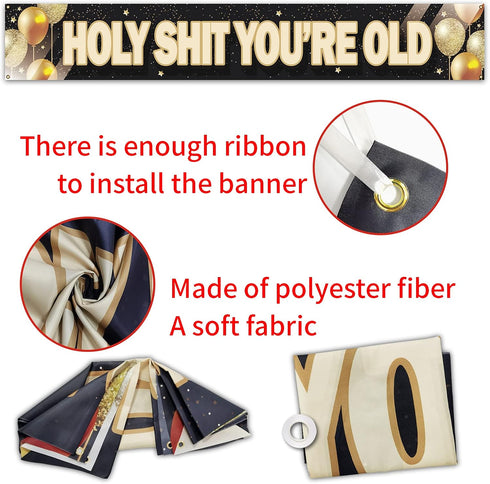 Holy Shit You’re Old Large Banner - Funny Birthday Lawn Sign for 30th to 90th Birthday Party Indoor Outdoor Backdrop