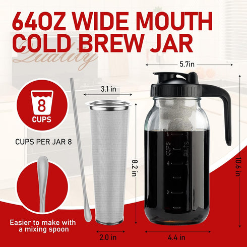 Cold Brew Coffee Maker, 64oz, V-shaped Lid, BPA Free, Sturdy Cold Brew Pitcher
