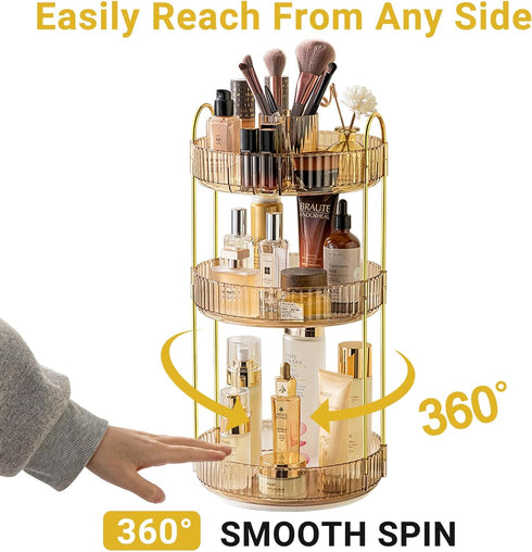 Asayuee 360 Organizer,3 Countertop(Gold) Rotating Makeup Tier Large Capacity Make Up Organizers and Storage,Skincare