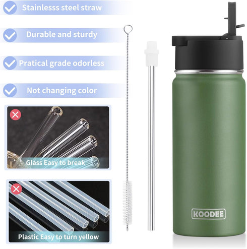 koodee 16 oz Stainless Steel Double Wall Vacuum Insulated Sports Water Bottle with Straw for Boys and Girls (Grass
