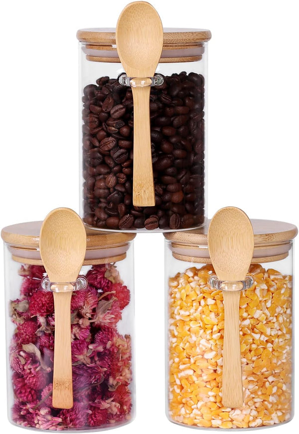 Glass Jar with Bamboo Lid and Spoon, 3 Pack 16 OZ Tea