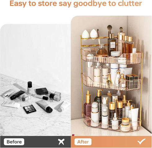 Counter Countertop, 3-Tier) Corner Bathroom Organizer with Makeup Brush Holder & Toothbrush Holders, Makeup Organizer