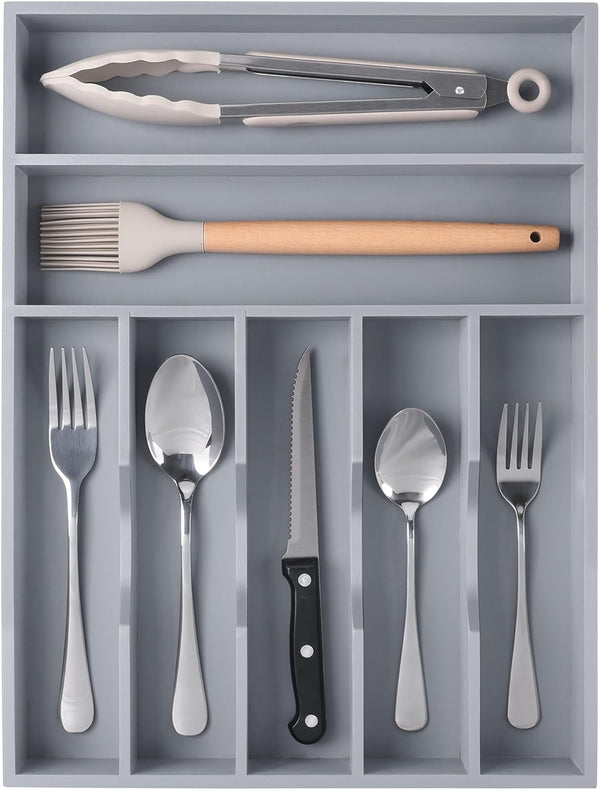 Kitchen Bamboo Silverware Organizer, Drawer Utensil Holder with Grooved Dividers for Flatware, 7 Slot, Grey