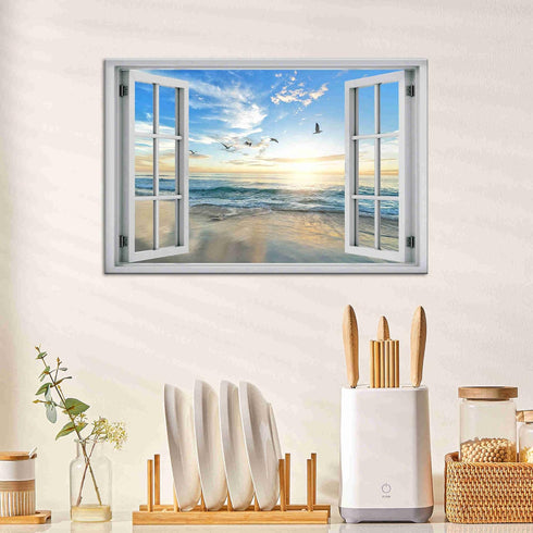 Beach Wall Decor Window View Posters - Ocean Seagull Landscape Picture Print on Canvas for Bedroom, Living Room