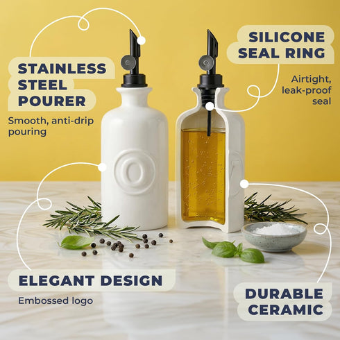 Mlle Label Set 2 500 ml Oil and Vinegar Dispenser White Ceramic Bottles with Matte Black Flip-Top Spout Olive Oil