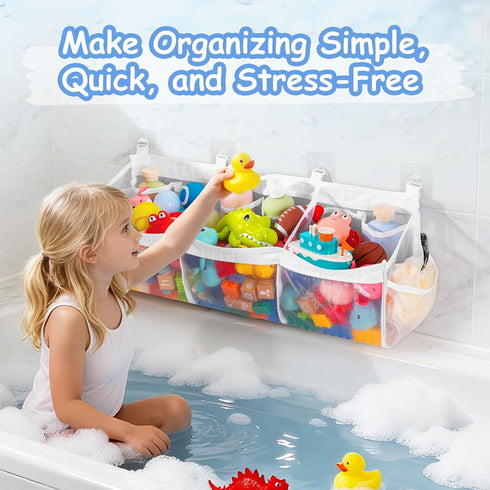 3 Criusia Extra Large Bath Toy Organizer with Compartments and Multiple Pockets, Quick-Dry Mesh Bathtub Storage