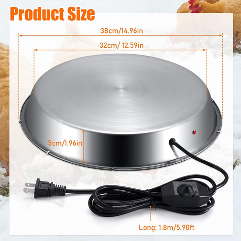 15" 5 Large Chicken Water Heater Base, Metal Heated Chicken Waterer Gallon, Freeze Proof Chickens Coop Winter Deicer