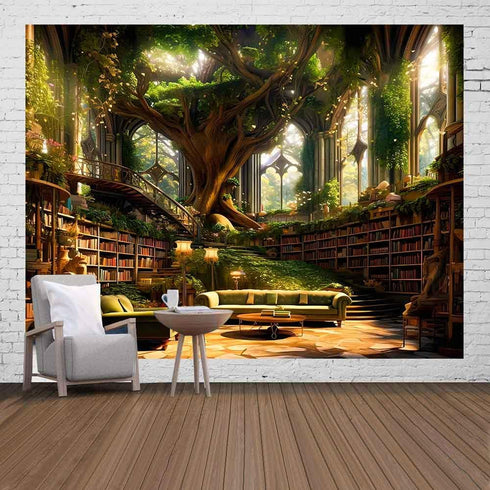 93x71inch Ine Ive Fantasy Trees Tapestry Vintage Library Wall Tapestries Fairytale Palace Bookshelf Sofa Reading Poster