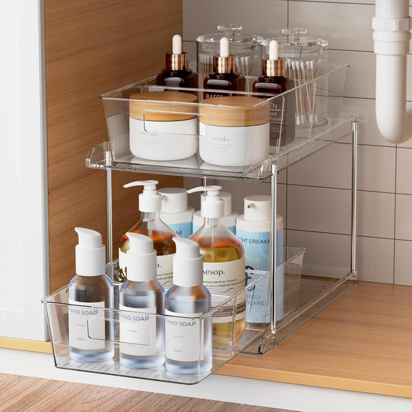 Pull-out Home Organizers, 2 Tier Clear Bathroom Organizer with Dividers, Multipurpose Vanity Counter Tray