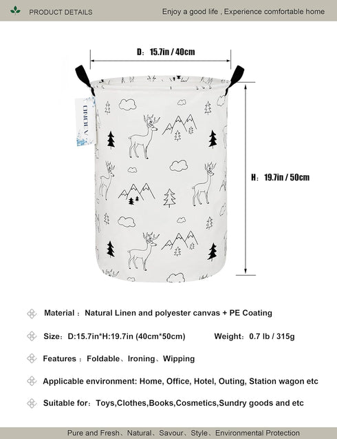 Round Fabric Storage Bin, Decorative Organizer Basket with Handles for Clothes, Books, Sundries (Forest Deer)