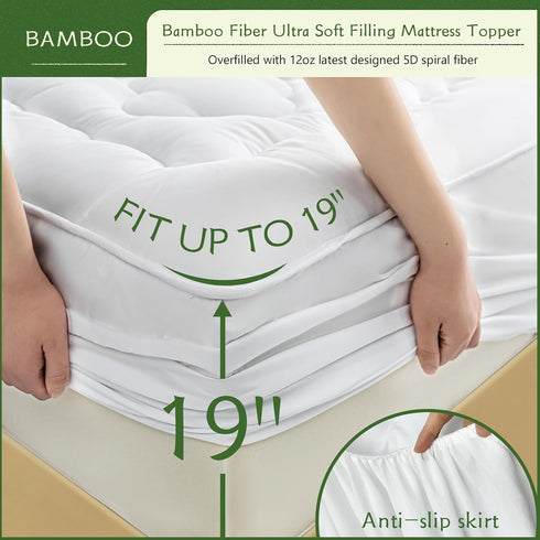 GRT Cooling Mattress Pad Cover - Rayon from Bamboo Full Size, Extra Thick Quilted Fitted Topper with 19 Inches Deep