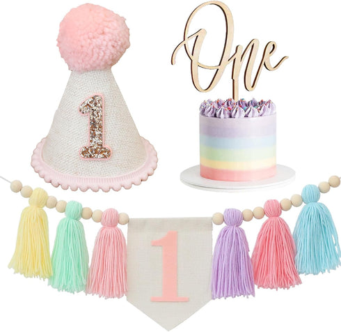 1st Handmade Boho Macaron Theme Birthday High Chair Banner for Baby Girls with Pink First Birthday Cone Hat and One