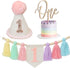1st Handmade Boho Macaron Theme Birthday High Chair Banner for Baby Girls with Pink First Birthday Cone Hat and One