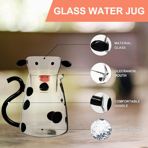 1 Set Glass Carafe Pitcher with Glass Mug, Cute Cow Glass Tea Pitcher Kettle, 550ml Night Water Carafe