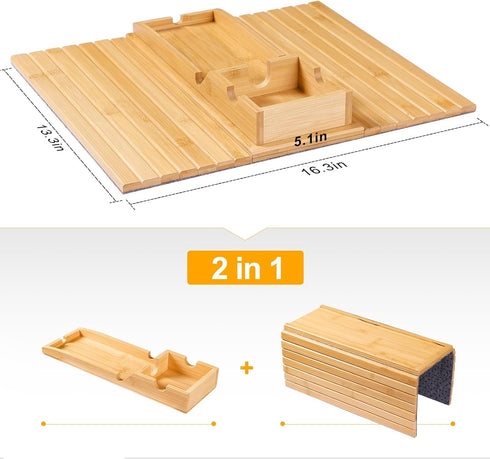 Bamboo Sofa Armrest Tray, Couch Arm Tray with Detachable Cup Holder and Anti-Slip Foldable Table Tray