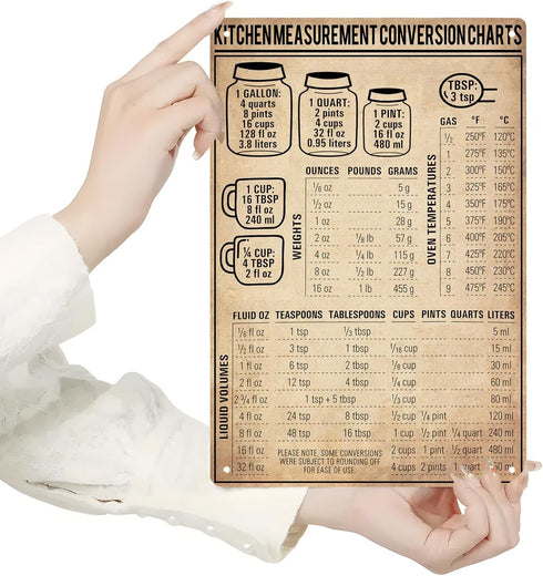 Kitchen Measurement Conversion Chart Vintage Tin Sign, Rustic Metal Poster for Cooking Baking Guide, for Home, Restaurant Bakery Decor 8x12 Inches