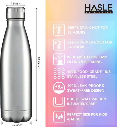HASLE OUTFITTERS 17oz Stainless Steel Water Bottles Bulk, Double Walled Vacuum Insulated, 4 Packs