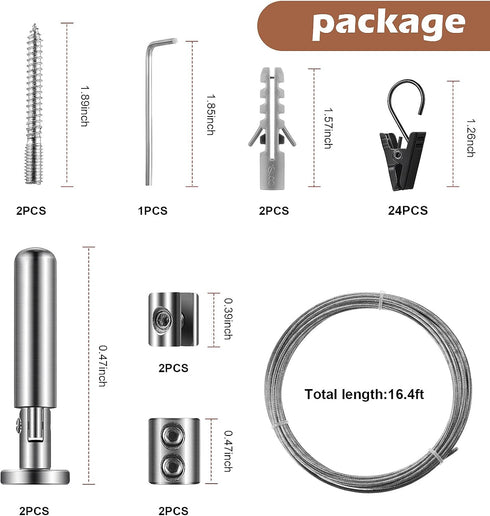 Jetec 196 Inch/5 m Wire Curtain Rod, Adjustable Hanging System with 48 Clips for Tapestry and Photo Display Decor