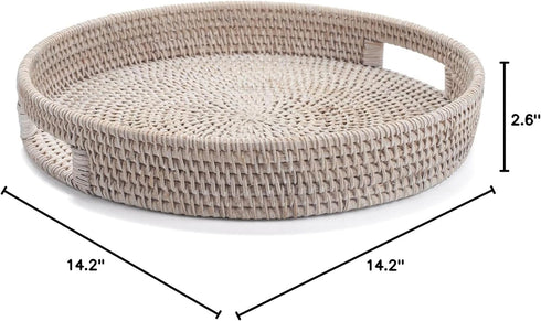 13.8 inch Round Rattan Tray, Decorative Coffee Table Tray, Ottoman Tray, Woven Serving Tray with Handles, Wicker
