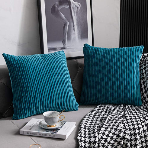 DEZENE Turquoise Throw Pillow Cases, 22x22 Inch, 2 Pack Original Striped Velvet Decorative Pillow Covers