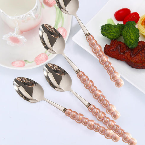 Stainless Steel Spoons, Korean Dessert Spoon with Imitation Pearl Handle, 8.4 Inches, Set of 4, Pink.