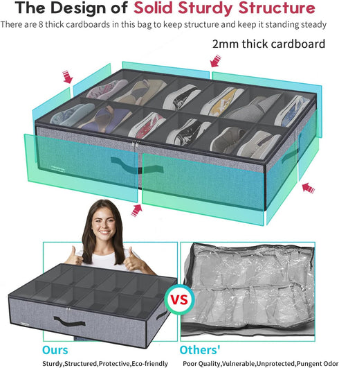 Onlyeasy Large Under Bed Shoe Organizer (12 Pairs x 2) with Metal Zipper, 2 Handles, Breathable, Linen-like Grey